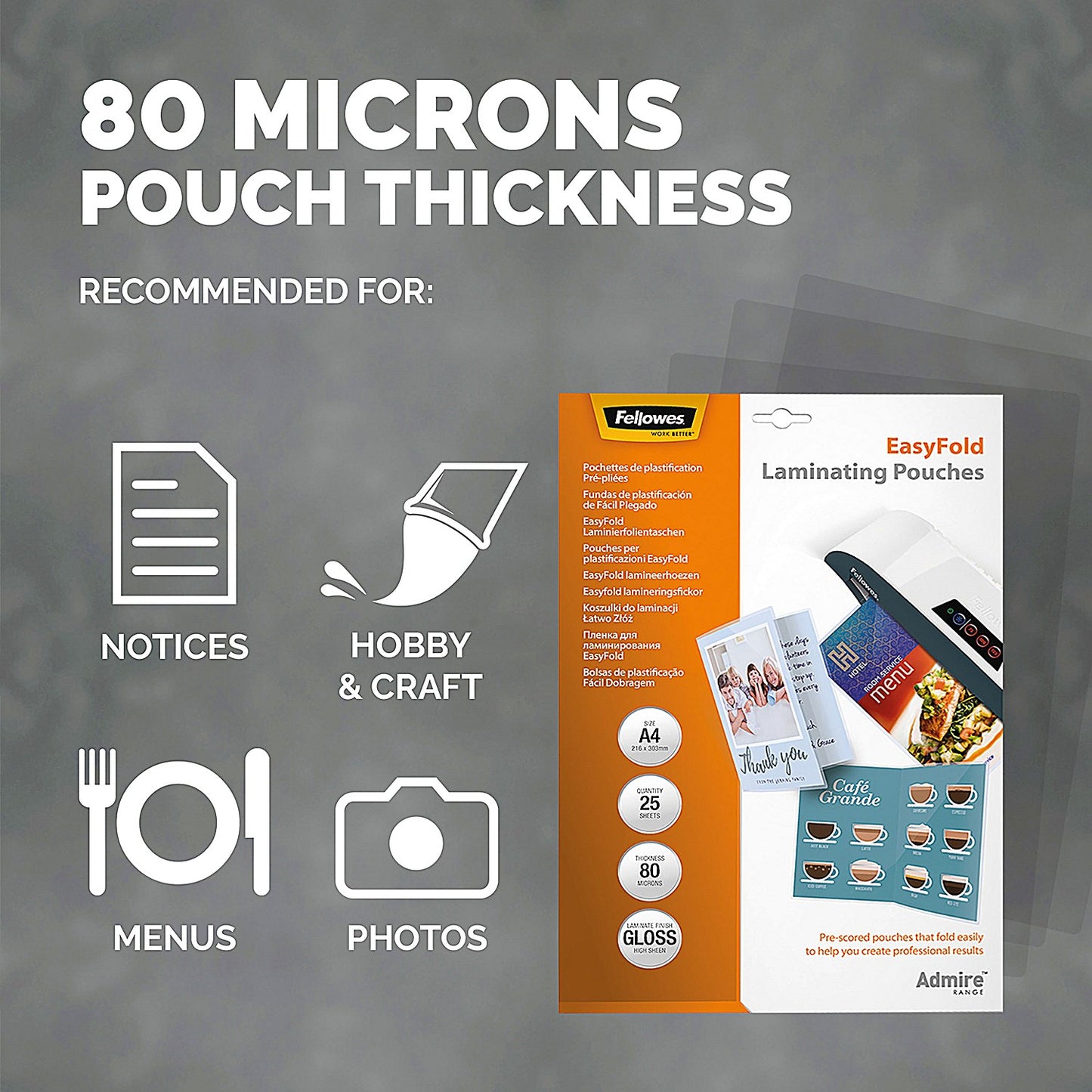 Fellowes Admire EasyFold A4 Laminating Pouches, 160 Microns, Glossy, Pack of 25