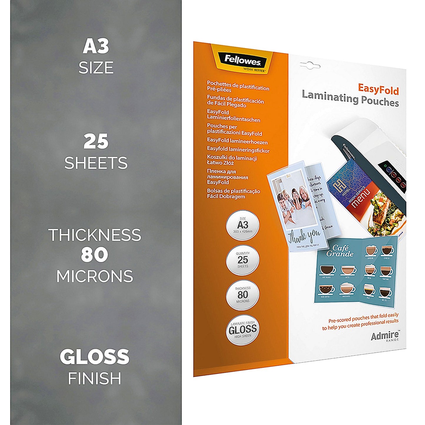 Fellowes Admire EasyFold A4 Laminating Pouches, 160 Microns, Glossy, Pack of 25