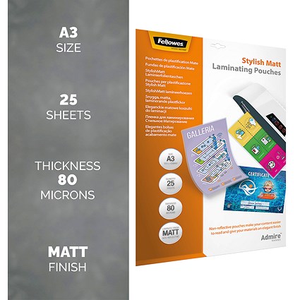 Fellowes Admire A3 Laminating Pouches, 160 Microns, Matt, Pack of 25