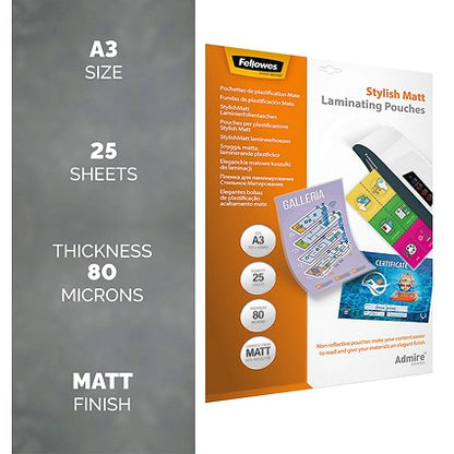 Fellowes Admire A3 Laminating Pouches, 160 Microns, Matt, Pack of 25