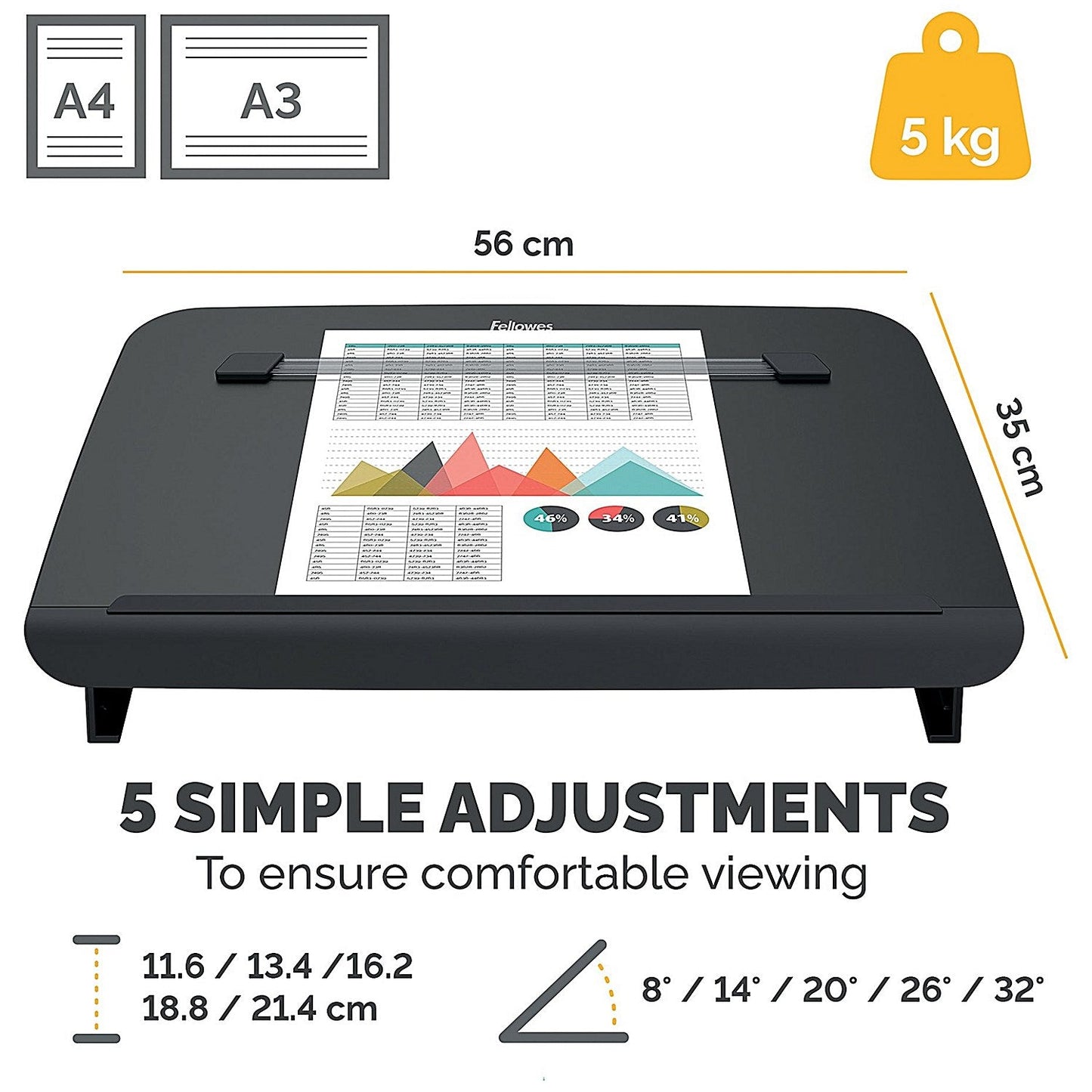 Fellowes Hana Document/Writing Slope, Adjustable Position, Black