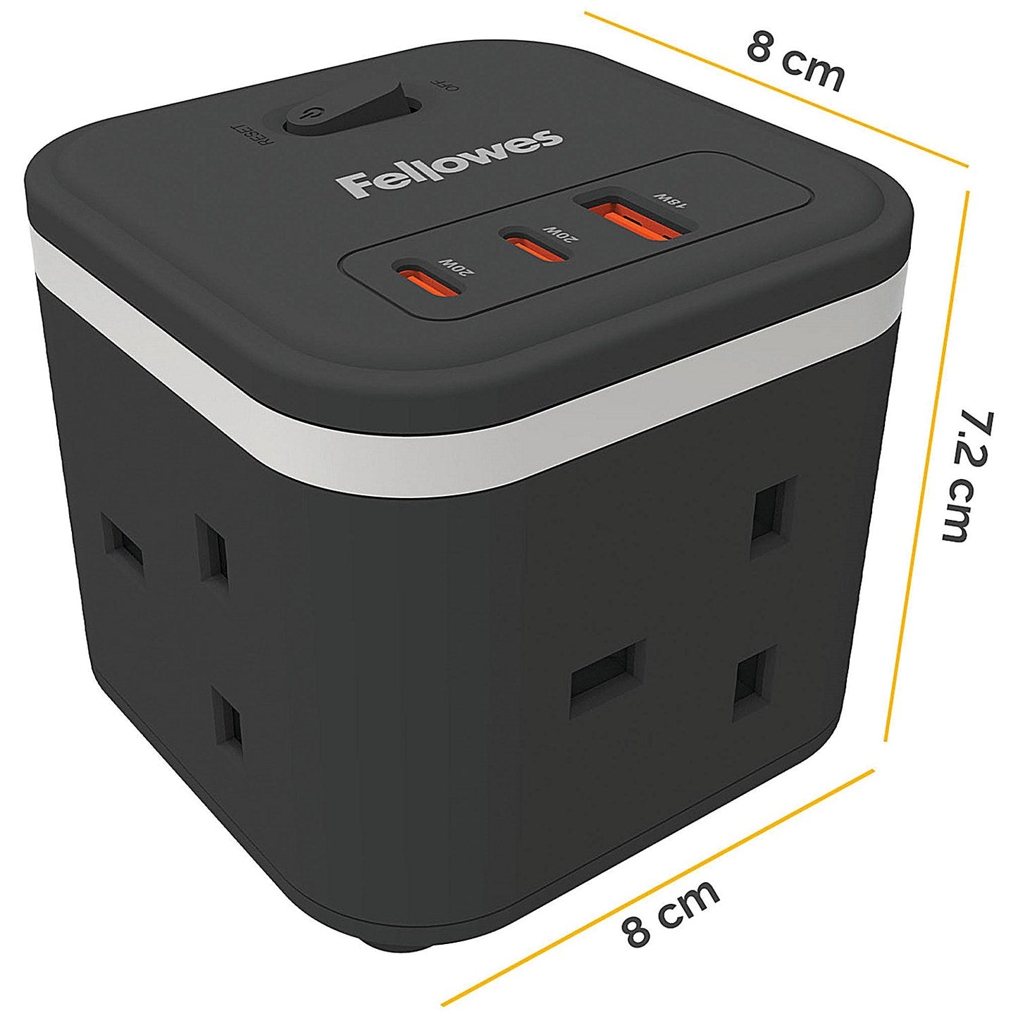 Fellowes Power Cube Type G UK/IE 3 Sockets 1 USB-A + 2 USB-C Ports Black