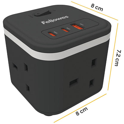 Fellowes Power Cube Type G UK/IE 3 Sockets 1 USB-A + 2 USB-C Ports Black