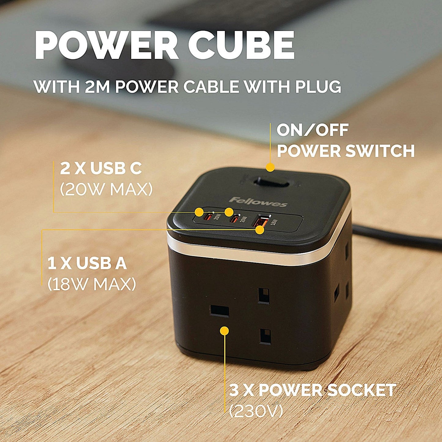 Fellowes Power Cube Type G UK/IE 3 Sockets 1 USB-A + 2 USB-C Ports Black