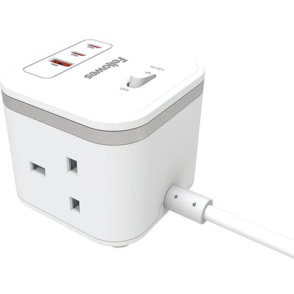 Fellowes Power Cube Type G UK/IE 3 Sockets 1 USB-A + 2 USB-C Ports White