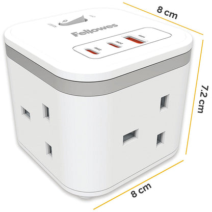 Fellowes Power Cube Type G UK/IE 3 Sockets 1 USB-A + 2 USB-C Ports White