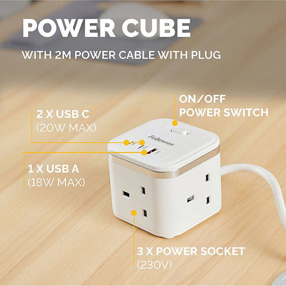 Fellowes Power Cube Type G UK/IE 3 Sockets 1 USB-A + 2 USB-C Ports White