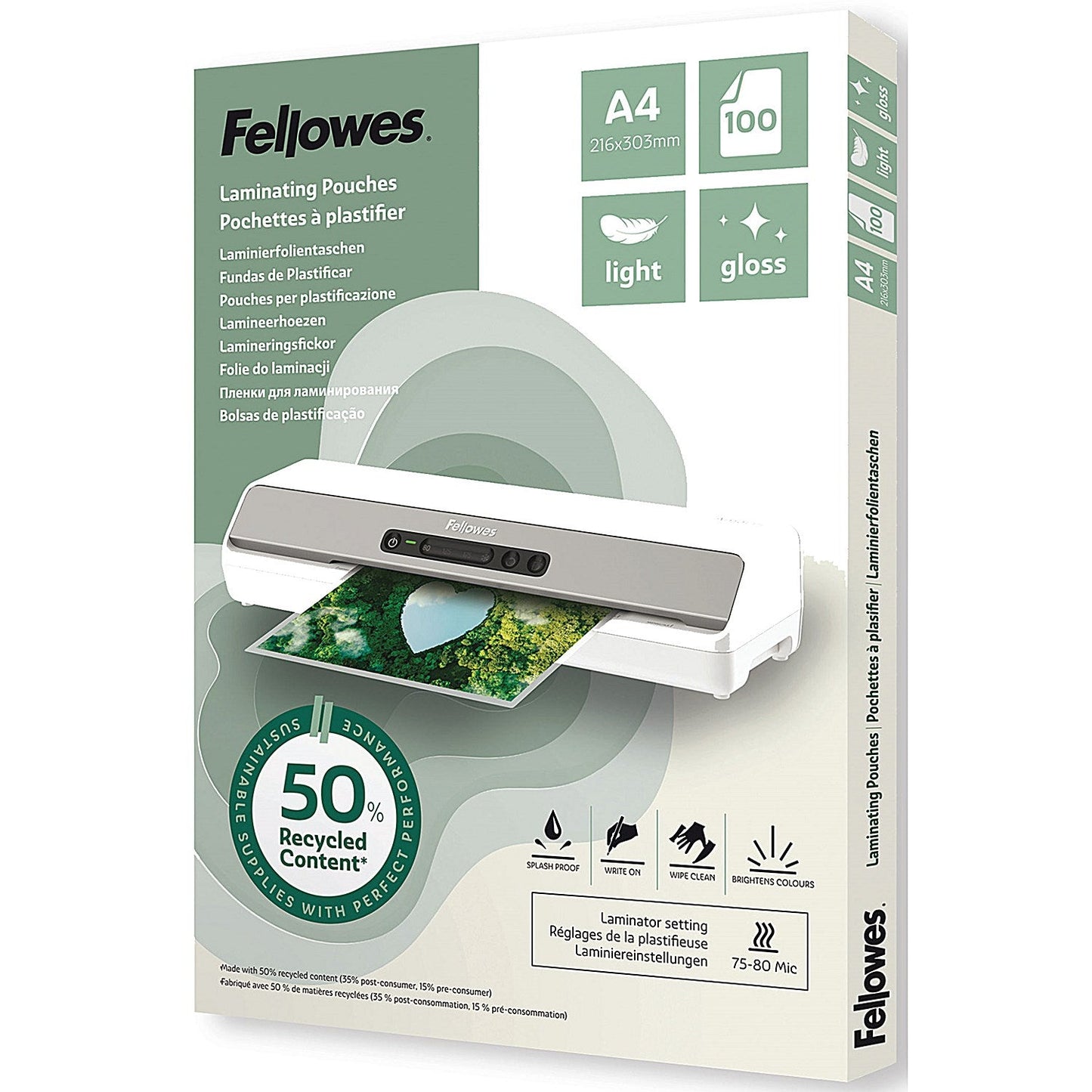 Fellowes Recycled Laminating Pouches 80 Micron A4 Gloss (Pack of 100) Easy2Order : BB81335