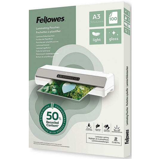 Fellowes Recycled Laminating Pouches 80 Micron A3 Gloss (Pack of 100) Easy2Order : BB81336
