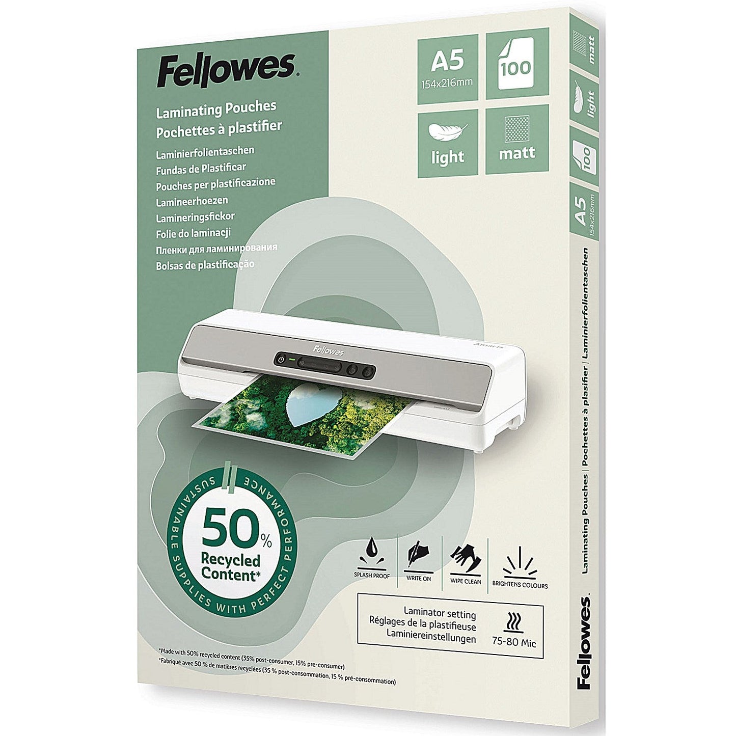 Fellowes Recycled Laminating Pouches 80 Micron A5 Matt (Pack of 100) Easy2Order : BB81384
