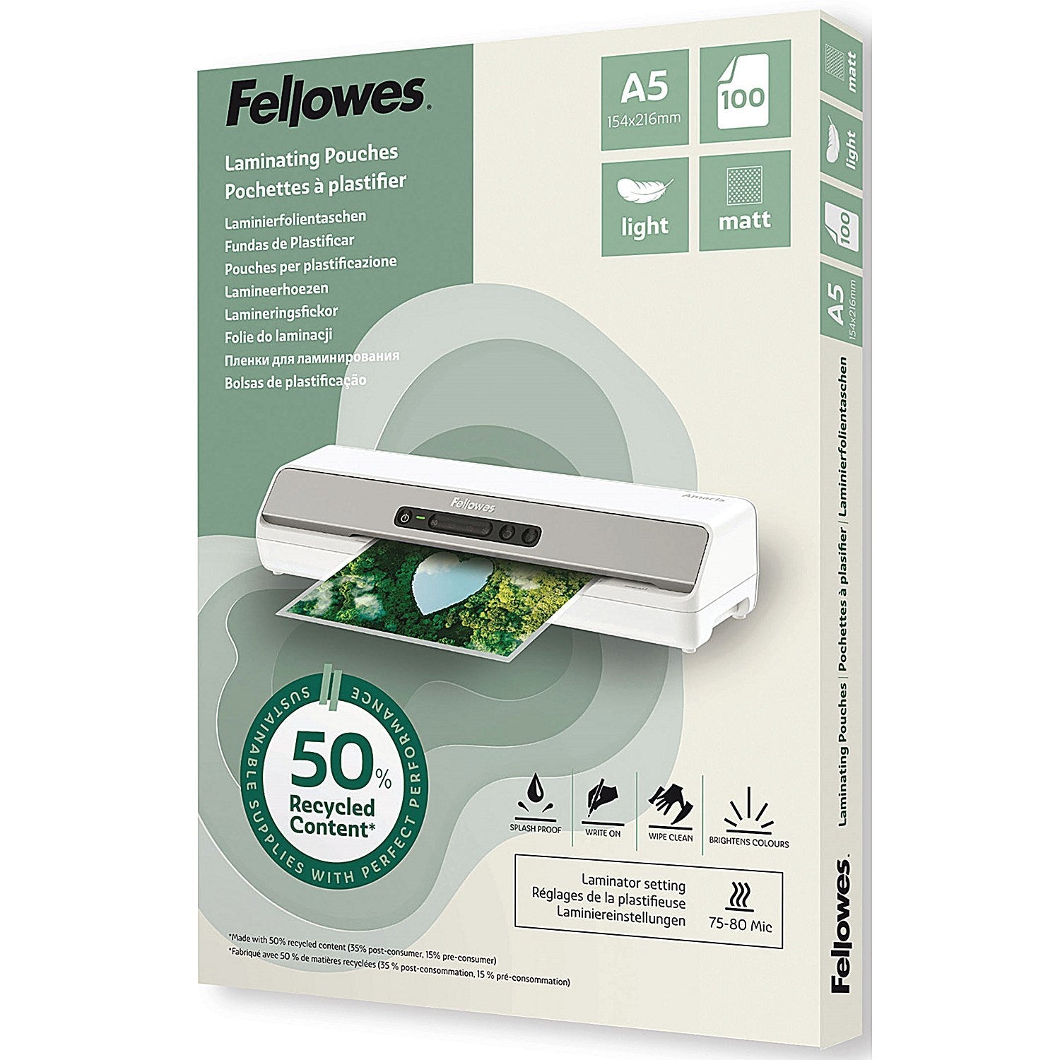 Fellowes Recycled Laminating Pouches 80 Micron A5 Matt (Pack of 100) Easy2Order : BB81384