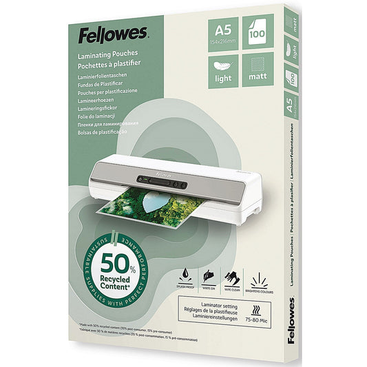 Fellowes Recycled Laminating Pouches 80 Micron A5 Matt (Pack of 100) Easy2Order : BB81384