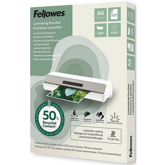 Fellowes Recycled Laminating Pouches 80 Micron A6 Matt (Pack of 100) Easy2Order : BB81385