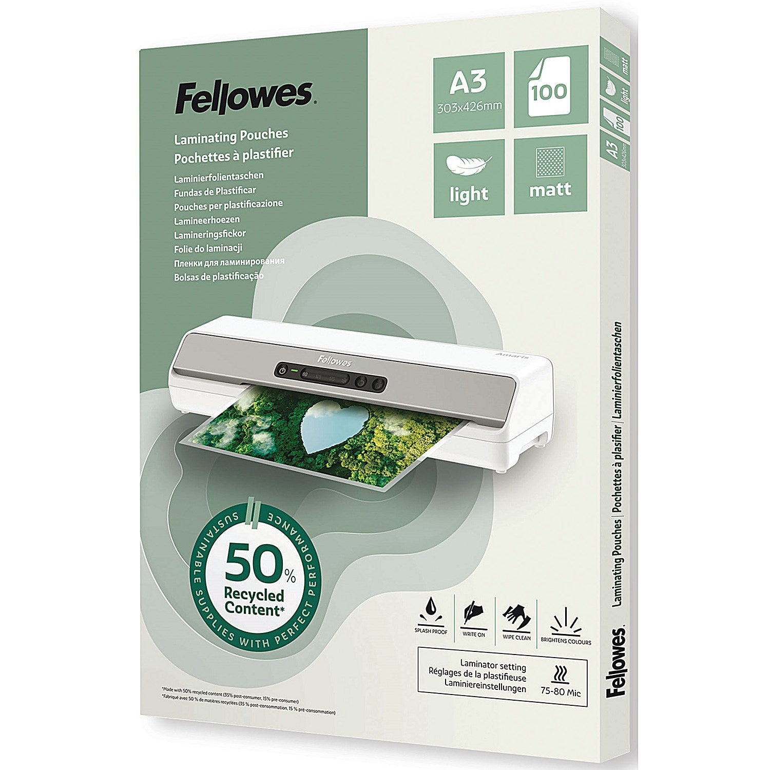Fellowes Recycled Laminating Pouches 80 Micron A3 Matt (Pack of 100) Easy2Order : BB81386