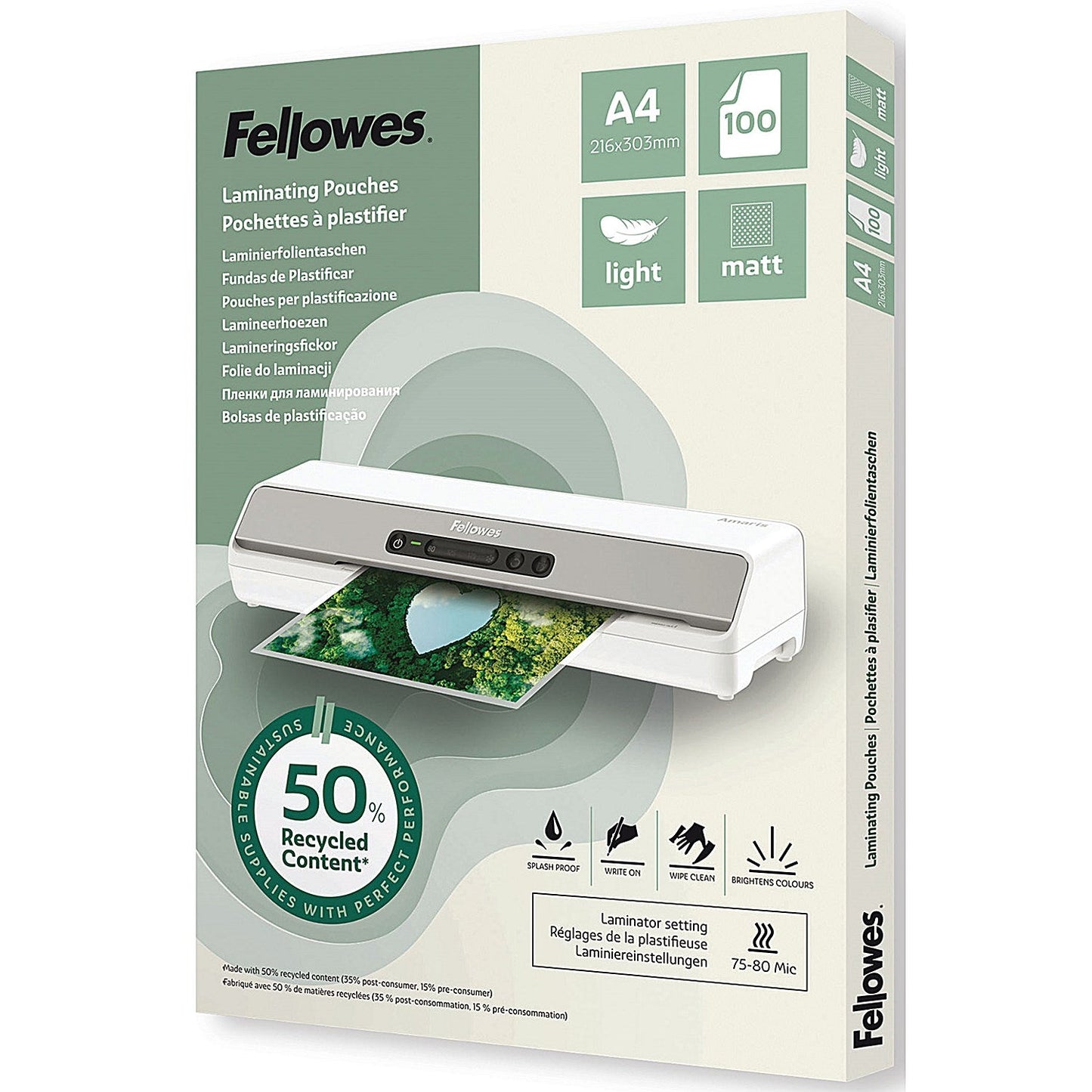 Fellowes Recycled Laminating Pouches 80 Micron A4 Matt (Pack of 100) Easy2Order : BB81387