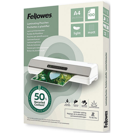 Fellowes Recycled Laminating Pouches 80 Micron A4 Matt (Pack of 100) Easy2Order : BB81387