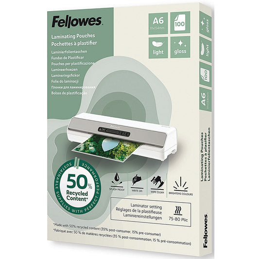 Fellowes Recycled Laminating Pouches 80 Micron A6 Gloss (Pack of 100) Easy2Order : BB81389