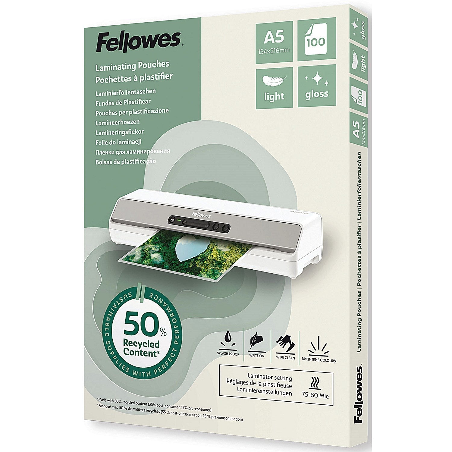Fellowes Recycled Laminating Pouches 80 Micron A5 Gloss (Pack of 100) Easy2Order : BB81392