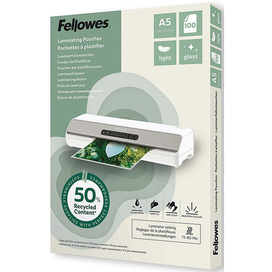 Fellowes Recycled Laminating Pouches 80 Micron A5 Gloss (Pack of 100) Easy2Order : BB81392