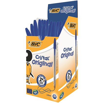 Bic Cristal Ball Pen, Clear Barrel, Blue, Pack of 50