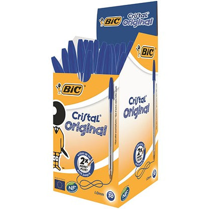 Bic Cristal Ball Pen, Clear Barrel, Blue, Pack of 50