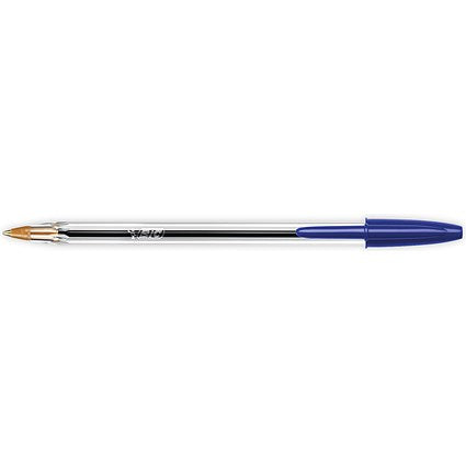 Bic Cristal Ball Pen, Clear Barrel, Blue, Pack of 50