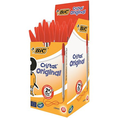 Bic Cristal Ball Pen, Clear Barrel, Red, Pack of 50