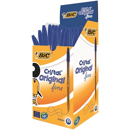 Bic Cristal Fine Ballpoint Pen, Blue, Pack of 50