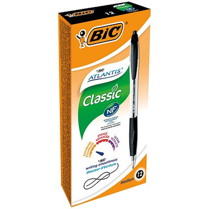 Bic Atlantis Ball Pen, Retractable, Cushioned Grip, 0.4mm Line, Black, Pack of 12