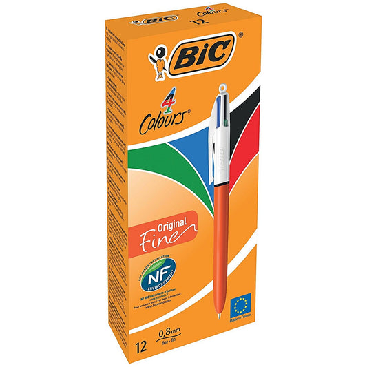 Bic 4 Colours Ballpoint Pen, Orange Barrel, Fine, Pack of 12