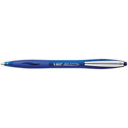 Bic Atlantis Premium Ball Pen, Retractable Rubber Grip, Blue, Pack of 12