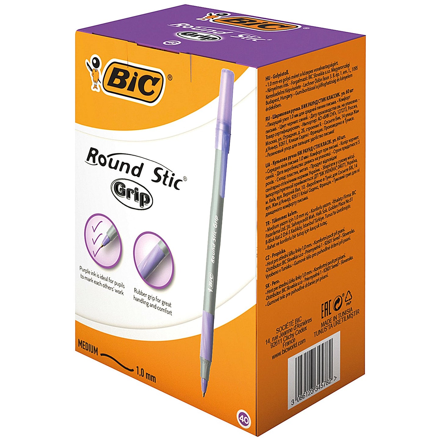 Bic Round Stic Grip Pen, 1.0mm Tip, 0.4mm Line, Purple, Pack of 40