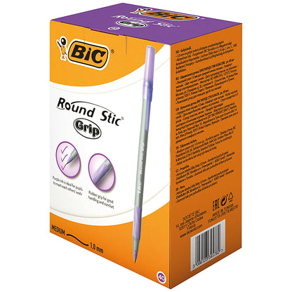 Bic Round Stic Grip Pen, 1.0mm Tip, 0.4mm Line, Purple, Pack of 40