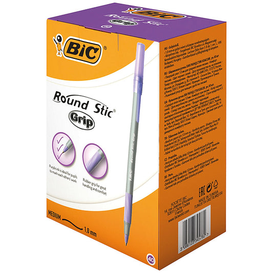 Bic Round Stic Grip Pen, 1.0mm Tip, 0.4mm Line, Purple, Pack of 40