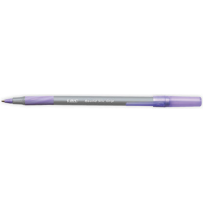Bic Round Stic Grip Pen, 1.0mm Tip, 0.4mm Line, Purple, Pack of 40