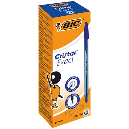 Bic Cristal Ballpoint Pens, Ultra Fine, 0.7mm, Blue, Pack of 20