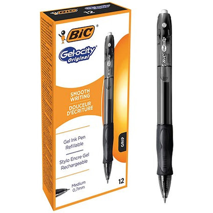 Bic Gel-ocity Retractable Gel Rollerball Pen, Comfort Grip, Black, Pack of 12