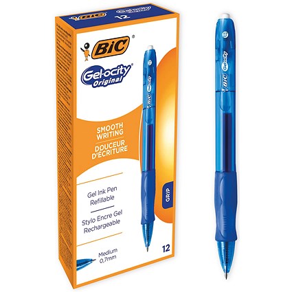 Bic Gel-ocity Retractable Gel Rollerball Pen, Comfort Grip, Blue, Pack of 12