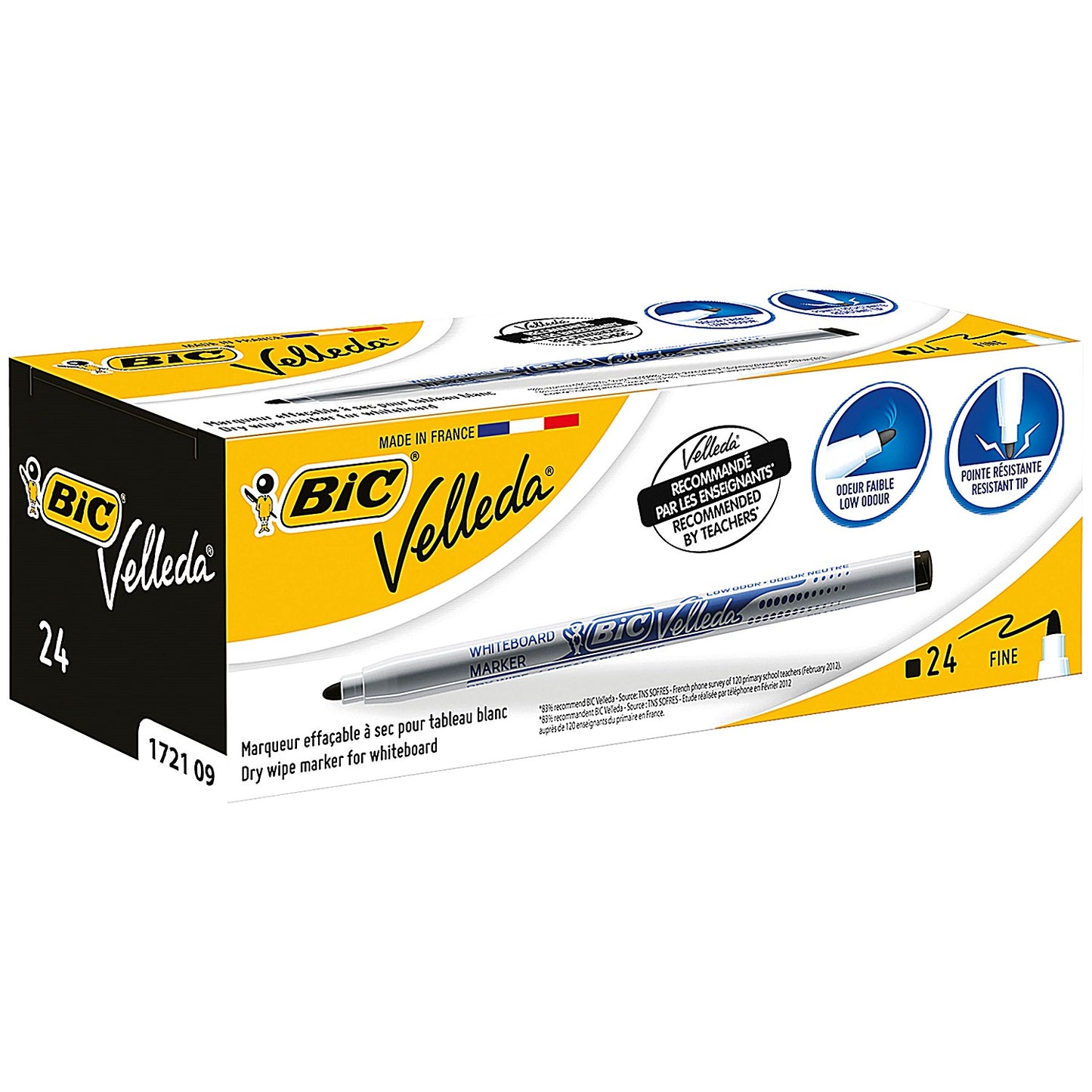 Bic Velleda 1721 Drywipe Marker, Black, Pack of 24
