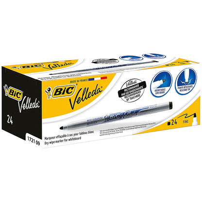 Bic Velleda 1721 Drywipe Marker, Black, Pack of 24