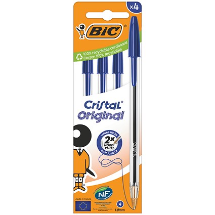 Bic Cristal Ballpoint Pen, Medium, Blue, Pack of 4