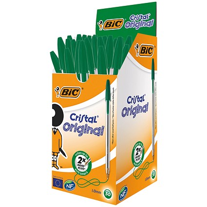 Bic Cristal Ball Pen, Clear Barrel, Green, Pack of 50