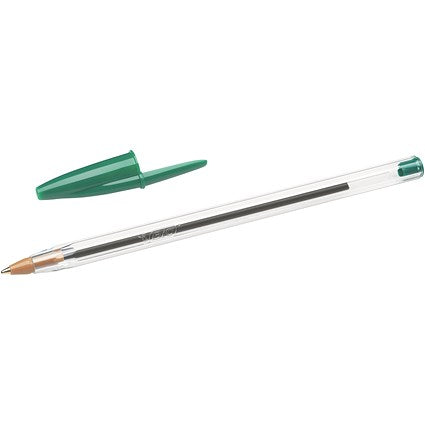 Bic Cristal Ball Pen, Clear Barrel, Green, Pack of 50