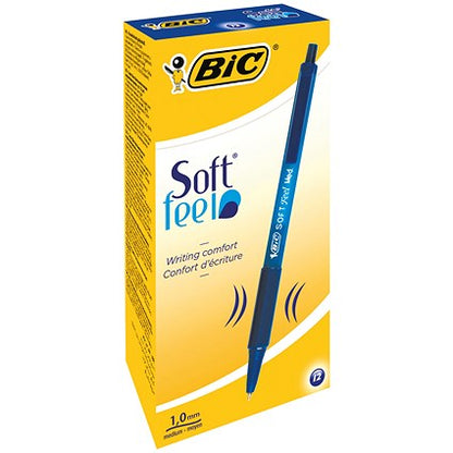 Bic SoftFeel Clic Pen, Retractable, Rubberised Barrel, Blue, Pack of 12
