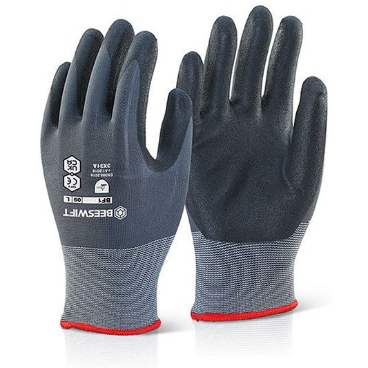 Beeswift Nitrile Pu Mix Coated Gloves, Black & Grey, 2XL
