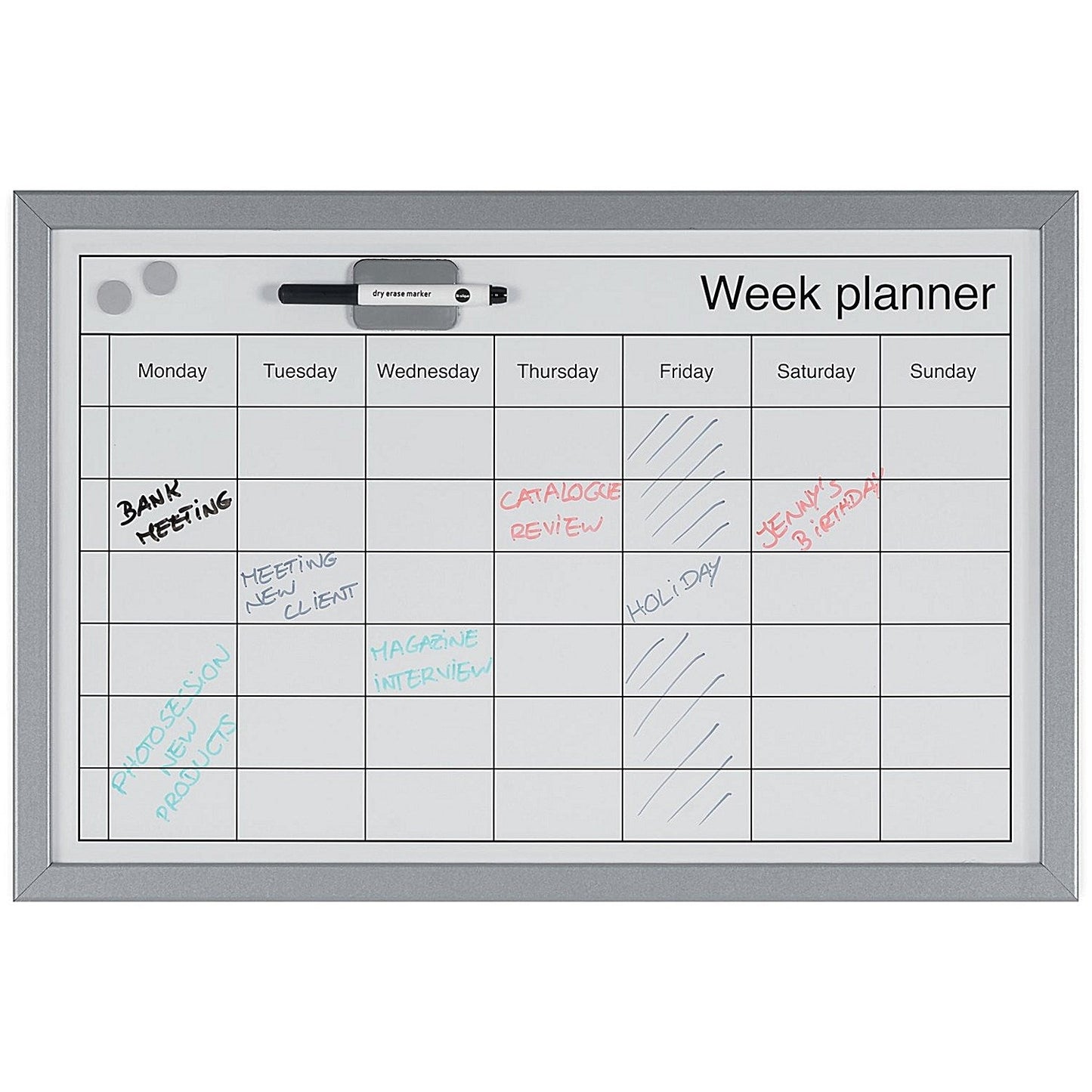 Bi-Office Magnetic Weekly Planner Whiteboard, Grey Frame, 600x400mm