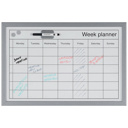 Bi-Office Magnetic Weekly Planner Whiteboard, Grey Frame, 600x400mm