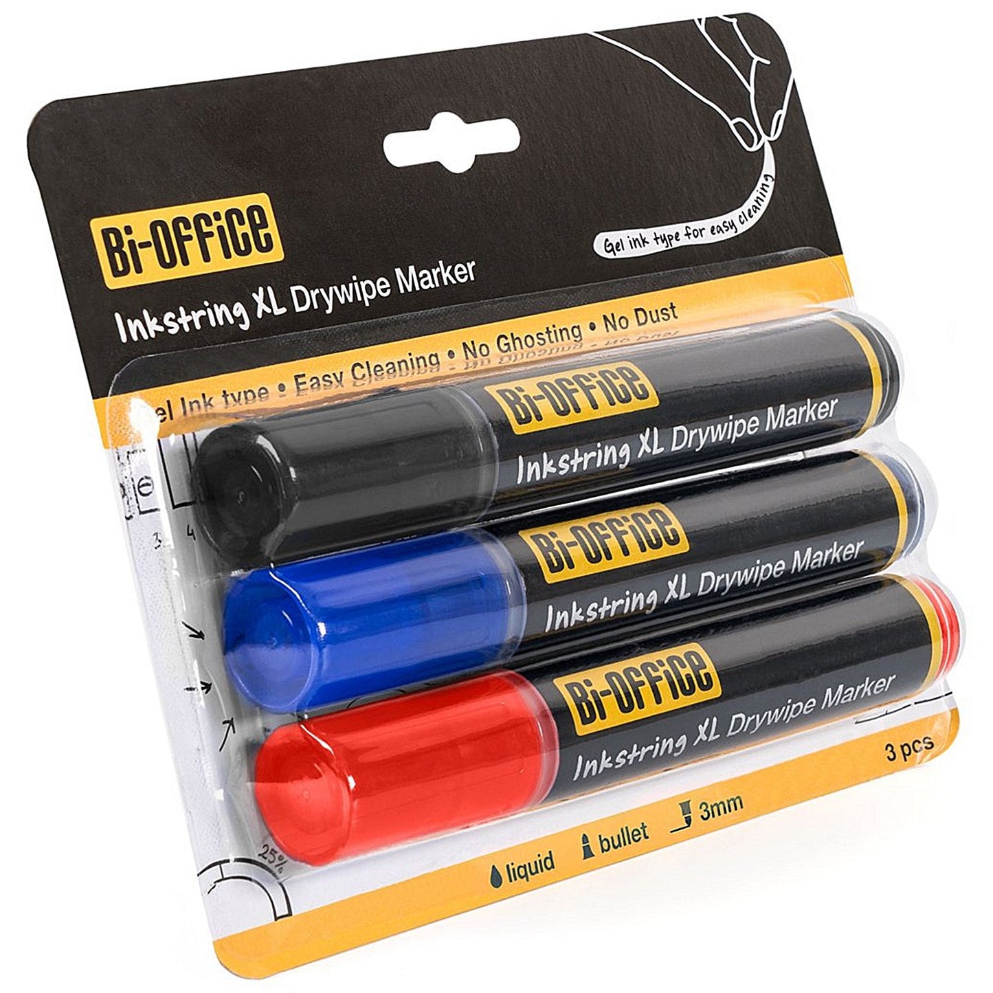 Bi-Office Inkstring XL Drywipe Markers, Assorted Colours, Pack of 3