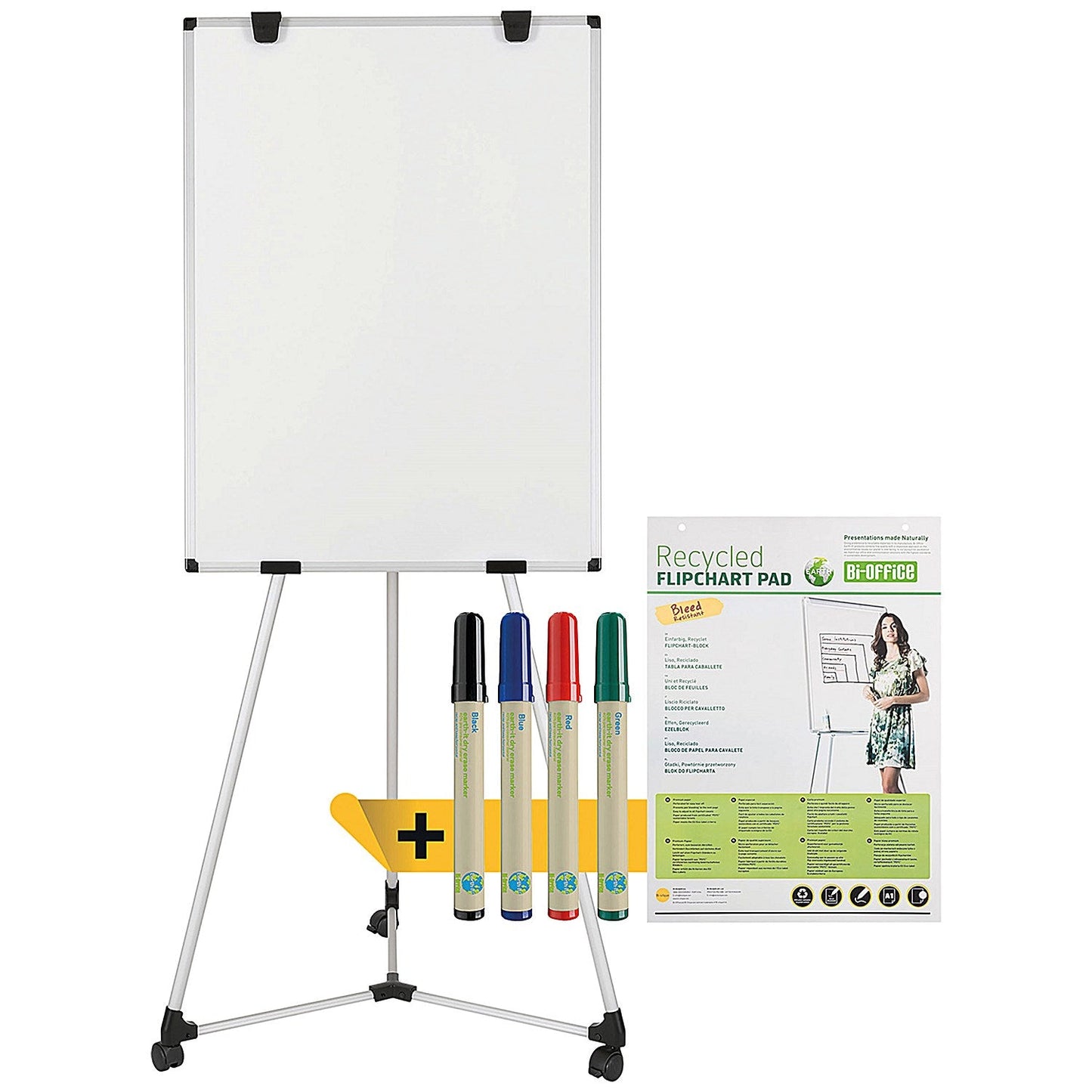 Bi-Office Mobile Magnetic Easel with Flipchart Pad and Pens Earth Kyoto Easel Bundle Easy2Order : BQ50035