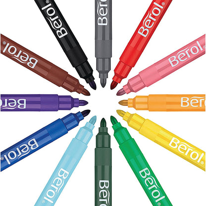 Berol Colour Broad Pens with Washable Ink, 1.7mm Line, Wallet of 12 Assorted Colours Easy2Order : BR00008